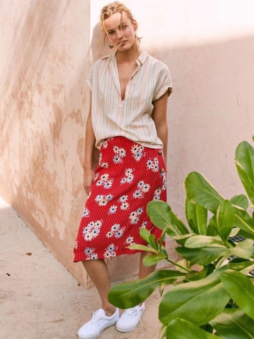 Madewell Red Midi Skirt Daisy Society Retro floral stripe Sz 12 M /L